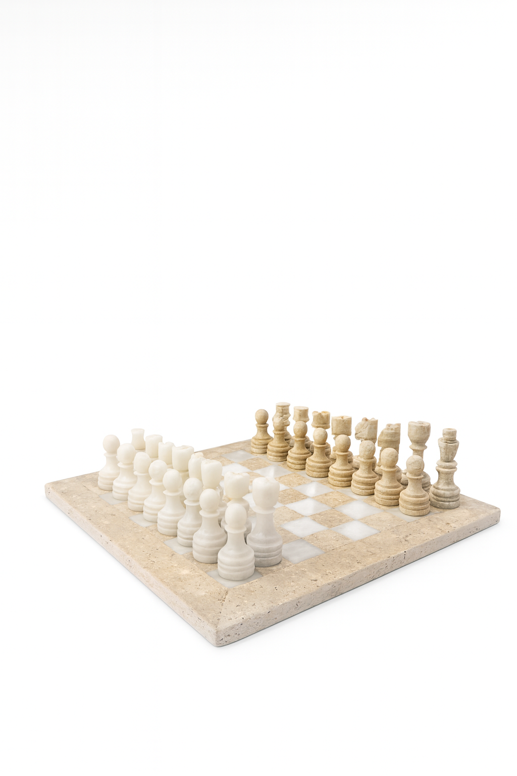 Chess Set (Beige Travertine & White Marble) 14.75 inches
