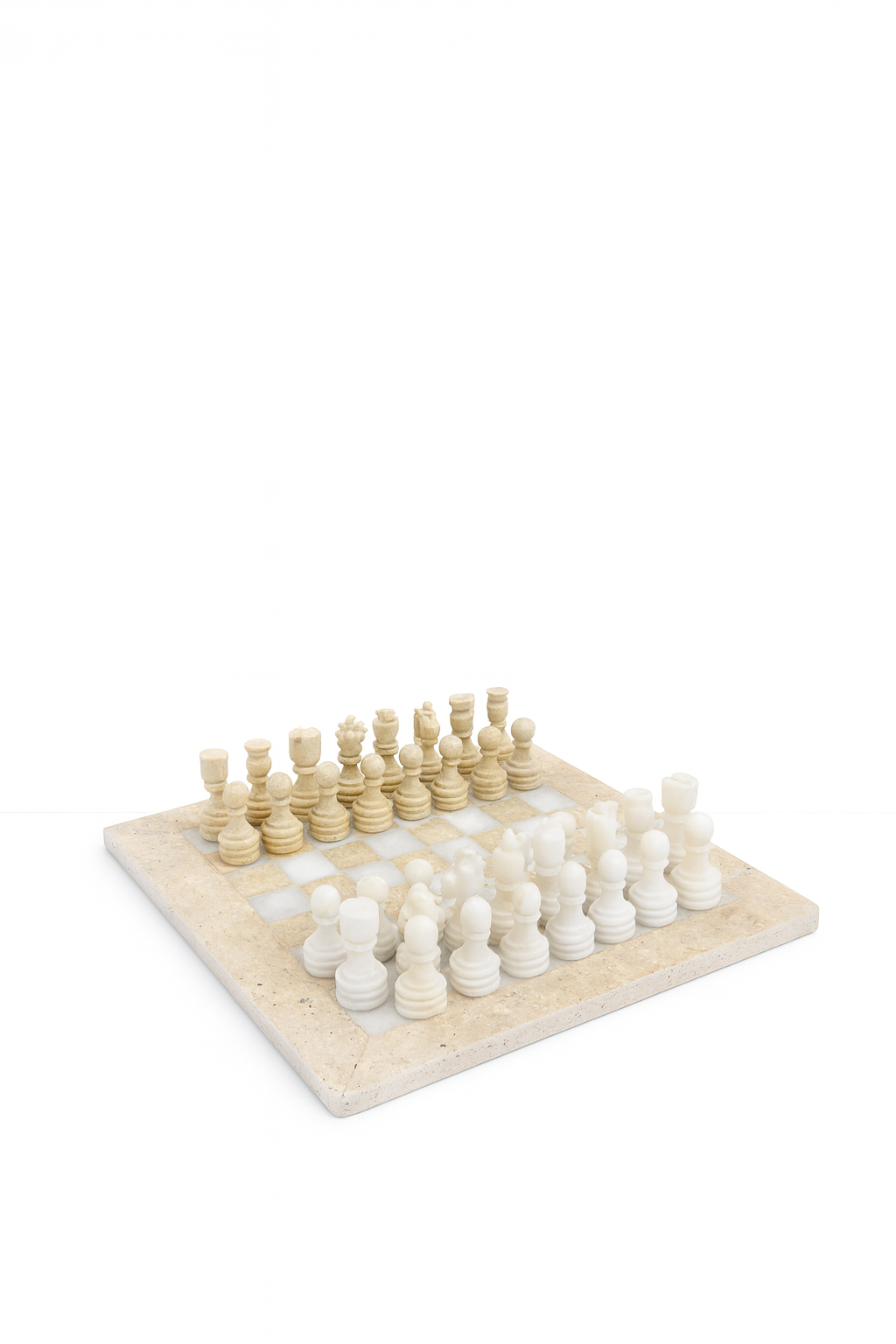 Chess Set (Beige Travertine & White Marble) 14.75 inches