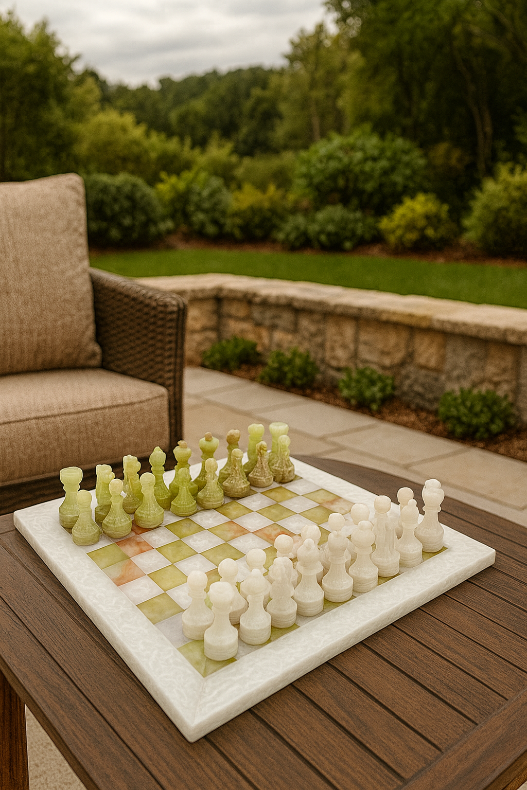 Chess Set (White Marble & Green Onyx) 14.5 inches