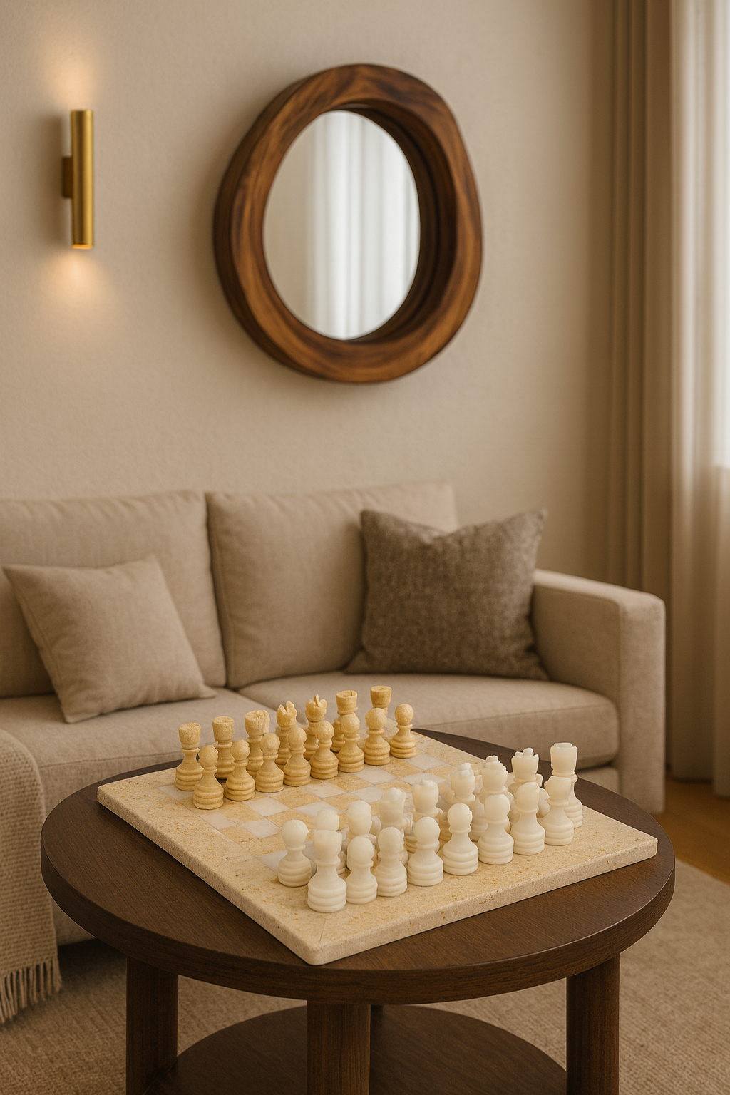 Chess Set (Beige Travertine & White Marble) 14.75 inches