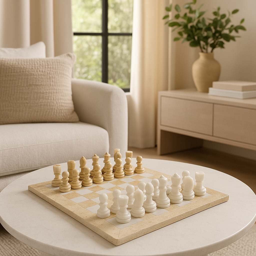 Chess Set (Beige Travertine & White Marble) 14.75 inches